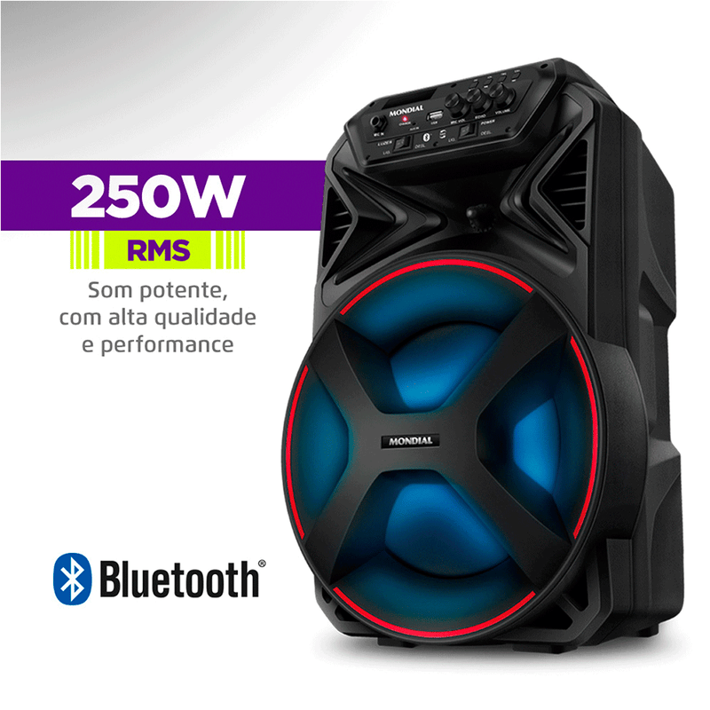 Caixa de Som Amplificada Mondial Connect Partyplus CM-250, Bluetooth, Potência 250W, LED, USB, Rádio FM e Função TWS, Bivolt Preta