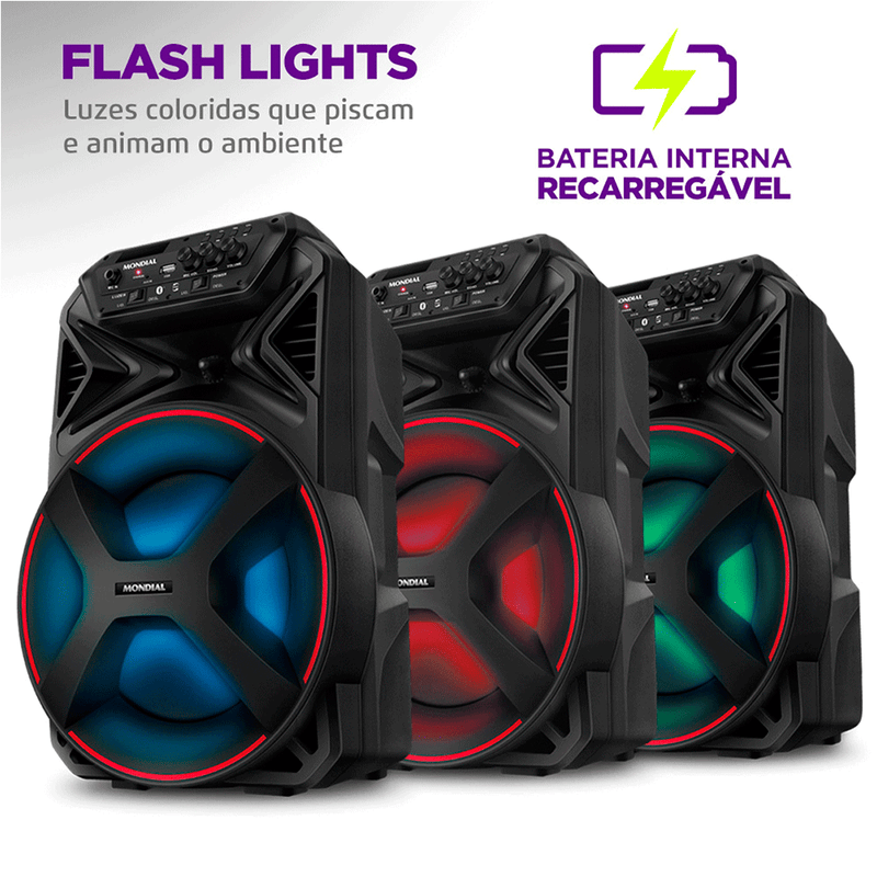 Caixa de Som Amplificada Mondial Connect Partyplus CM-250, Bluetooth, Potência 250W, LED, USB, Rádio FM e Função TWS, Bivolt Preta
