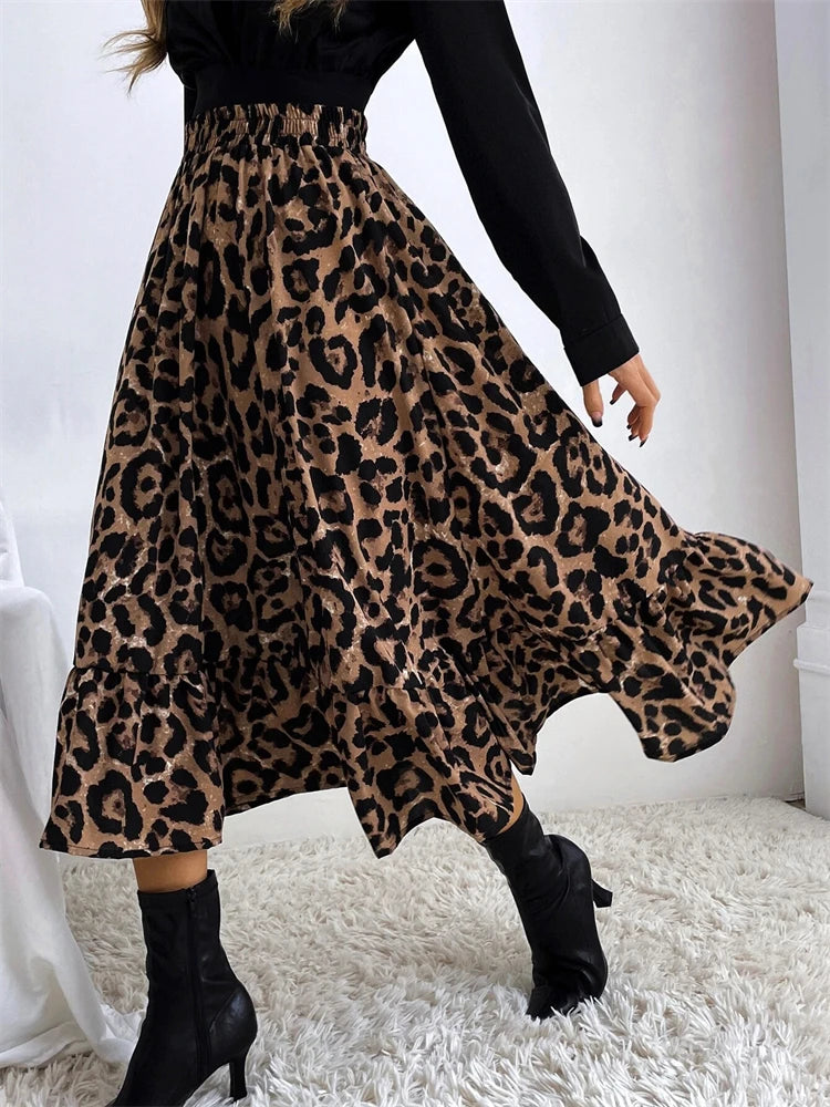 Saia Midi Leopardo Cintura Alta Casual Estilo Longa para Mulheres