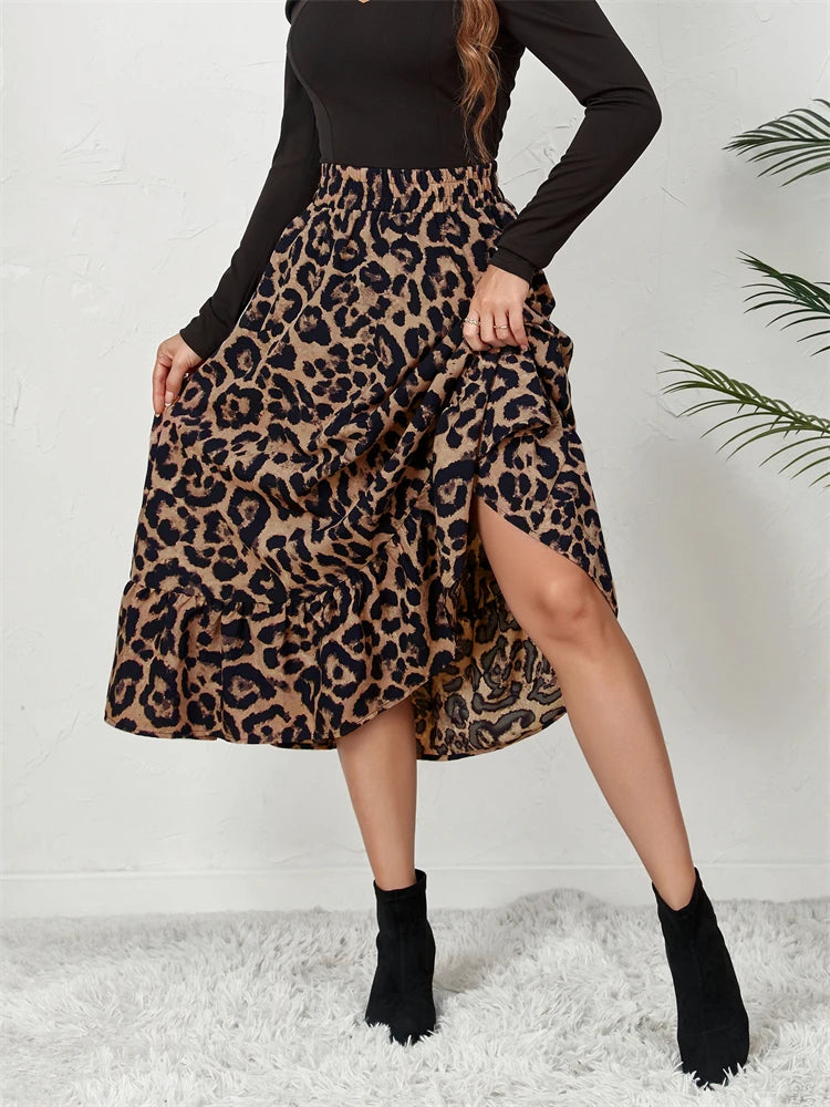 Saia Midi Leopardo Cintura Alta Casual Estilo Longa para Mulheres