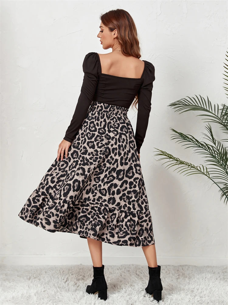 Saia Midi Leopardo Cintura Alta Casual Estilo Longa para Mulheres