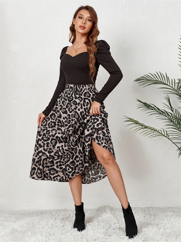 Saia Midi Leopardo Cintura Alta Casual Estilo Longa para Mulheres